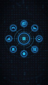 Futuristic HUD interface Artificial intelligence and AI brain concept integrated with business management icon network. Abstract digital background