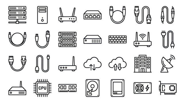 Computer hardware and networking equipment vector icons.