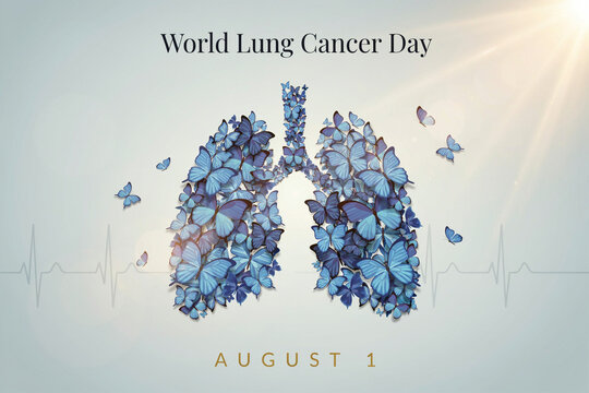 World Lung Cancer Day awareness poster with blue butterflies forming lungs