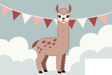 Fototapeta premium Cute brown alpaca stands peacefully below a pastel pink bunting banner, surrounded by soft clouds in a blue sky.