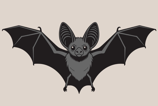 Stylized gray bat flying with its large wings wide spread and ears perked up on a neutral light background.