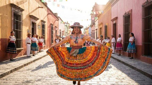 Woman in Vibrant Traditional Skirt Twirling on Historic Cobbled Street.