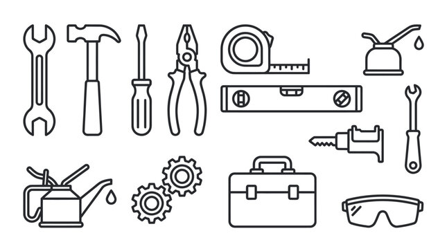 Construction hand tools and hardware maintenance icon collection.