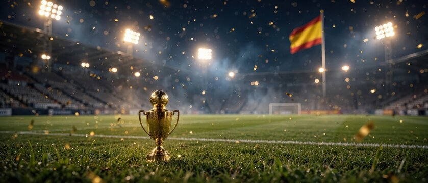 Golden football trophy on a stadium pitch during a championship victory celebration in Spain, representing soccer tournament success and national sports achievement