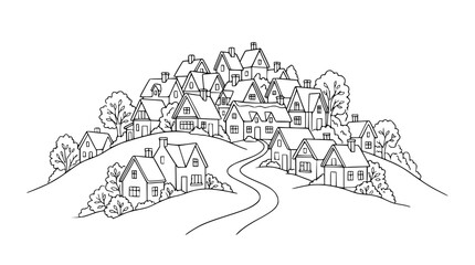 Fototapeta premium Hand drawn line art illustration of a cozy village on a hill