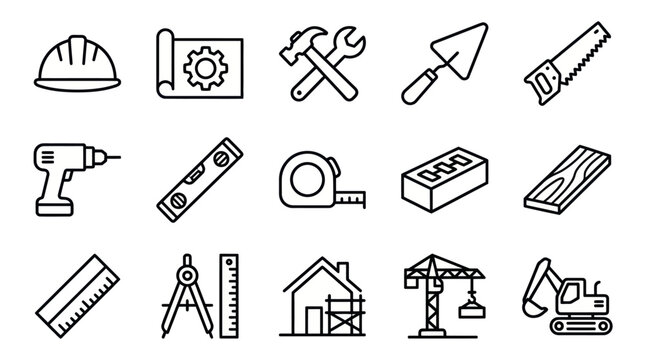 Construction tools and building outline icons set.