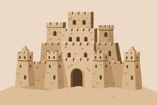 Grand sandcastle with multiple detailed towers and battlements built on a sandy beach cartoon illustration.