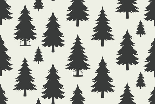 Seamless silhouette pattern of various black pine and fir trees on a light grey background forest theme.