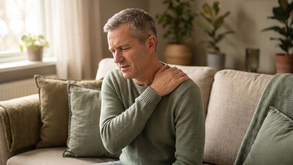 Fototapeta premium Middle aged man sitting on sofa holding painful shoulder at home