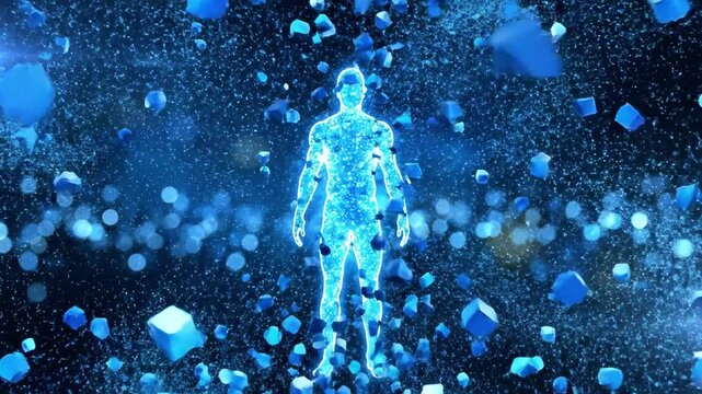 A blue explosion of geometric shapes against a dark background