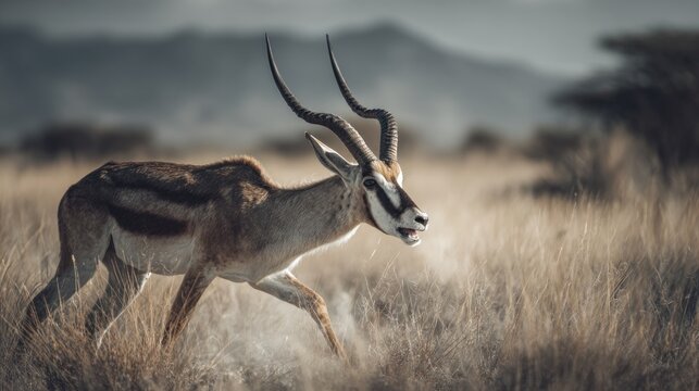 Springbok antelope running through dry savanna grass