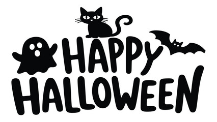 Happy Halloween typography is displayed with a cartoon ghost, a black cat, and a flying bat silhouette. © Sadee Girl
