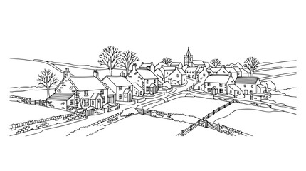 Obraz premium Hand drawn line art illustration of a traditional rural village landscape