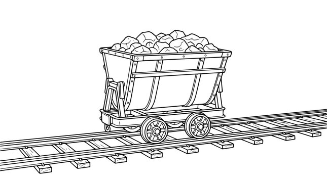 mine cart with ore on railroad tracks coloring page