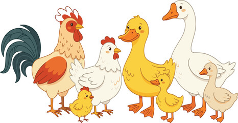 Cute cartoon farm birds vector illustration collection featuring happy rooster hen chick duck duckling goose and gosling characters © Mijanur