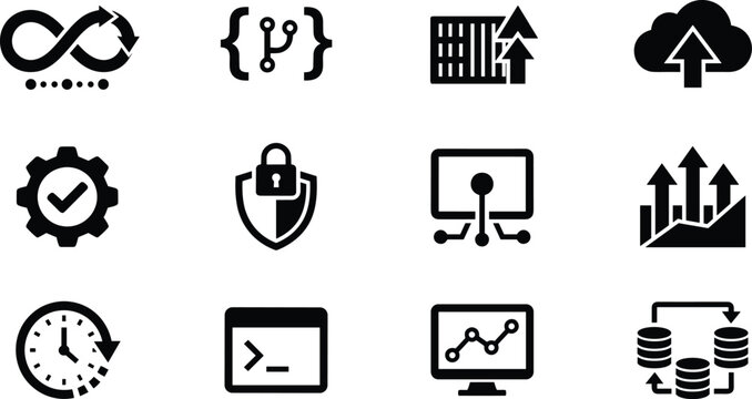 Software Engineering DevOps Pipeline and Cloud Infrastructure Deployment Solid Icon Set with Agile Development Automation Technology Symbols Vector Design