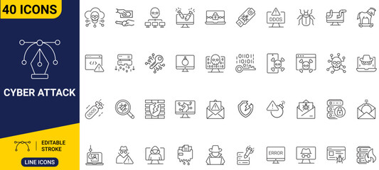 Cyber attack icon set. Outline icons featuring cybersecurity, hacking, malware, data breach, phishing, network security, and cyber threats. Editable stroke. Full vector. © Tanjung Mulia