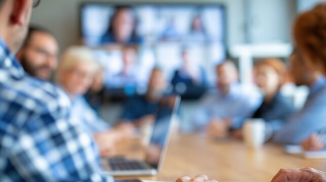 Diverse team collaborating in a modern office using video conferencing technology for a remote meeting.
