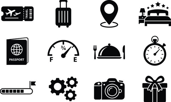 Travel Planning and Vacation Logistics Icon Set Featuring Transport Booking Accommodation Navigation Dinning and Trip Management Symbols Vector Design