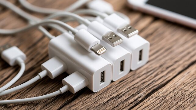 Close-up of a white USB multi-port charging hub with multiple cables and connectors for modern devices
