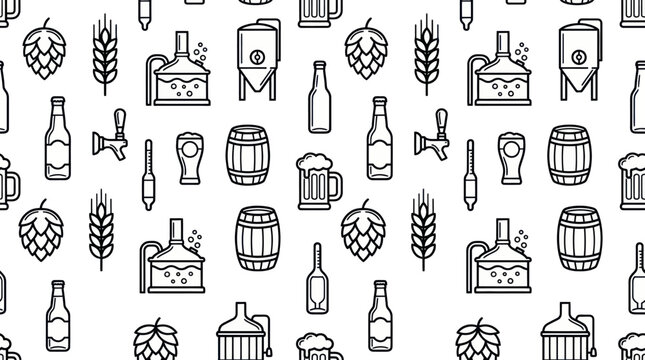 Craft beer brewing elements seamless pattern with hops.