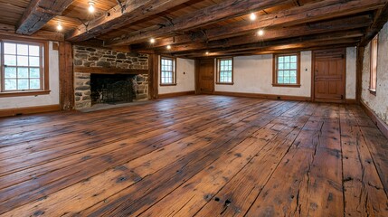 Obraz premium Rustic Farmhouse Interior with Exposed Wooden Beams, Stone Fireplace, and Wide Plank Floors