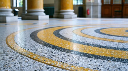 Obraz premium Close-up view of a polished terrazzo floor with a circular inlaid pattern and grand architectural columns in the background