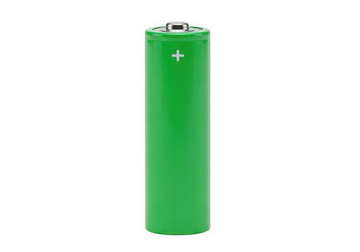 Single green aa battery cell for electronic devices isolated on transparent background