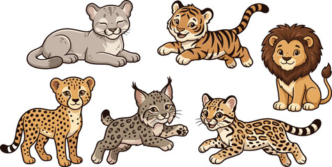 PrintCute cartoon baby big cats vector illustration collection featuring adorable tiger lion cheetah lynx cougar cub characters © Mijanur