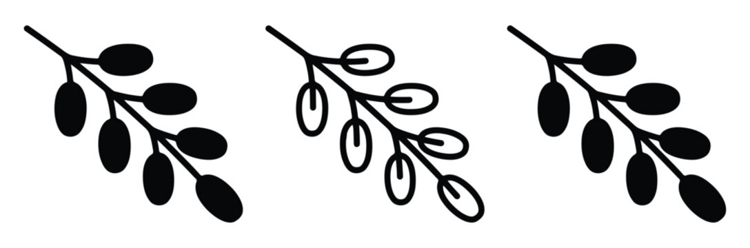 Olive branch and fresh olives plant twig vector icon set. Organic Mediterranean food ingredient, natural agriculture farm harvest, peace and victory folklore flora symbol. Flat vector illustration.