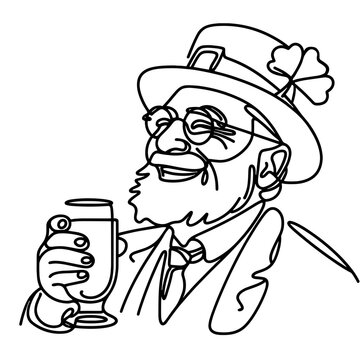 Continuous line art leprechaun holding beer glass for Saint Patricks Day 