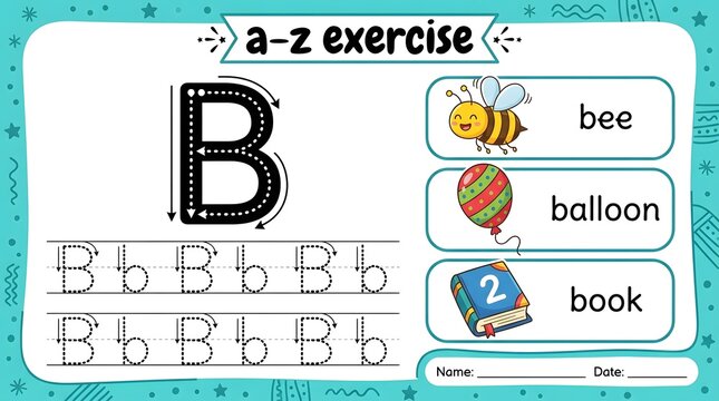 Preschool letter B tracing worksheet. Educational activity for kids learning