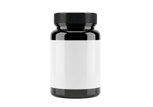 Black plastic medicine bottle with a blank label isolated on transparent background