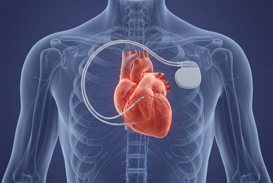 Detailed 3D Medical Illustration of the Human Heart with Implanted Cardiac Pacemaker Showing Cardiovascular Anatomy and Heart Rhythm Therapy
