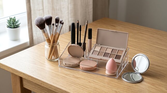 Professional makeup brushes and cosmetic palette with mirror on a wooden table in bright room. beginner makeup kit