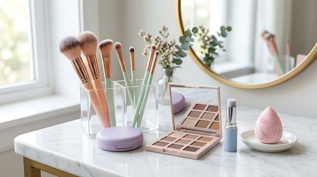 Professional makeup brushes and eyeshadow palette on a bright vanity table in a modern bedroom. beginner makeup kit