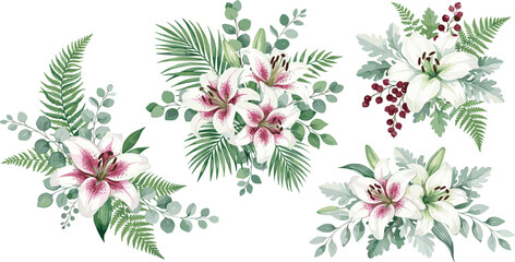 Elegant stargazer lily floral bouquet vector illustration collection featuring white pink lilies palm leaves eucalyptus and fern branches © Mijanur