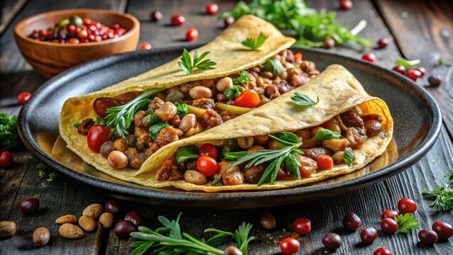Savory crepe legumes meat greens spice dark plate