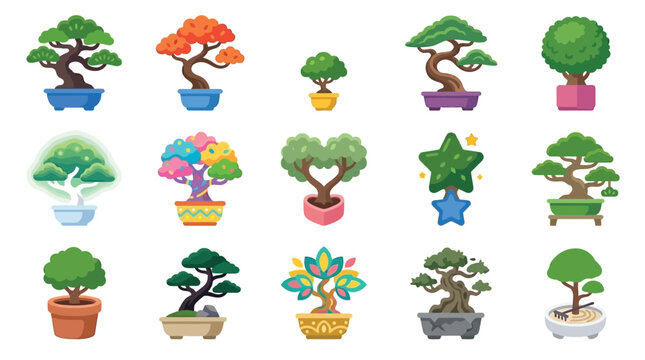 Collection of stylized pixel art bonsai trees in various shapes and colors.