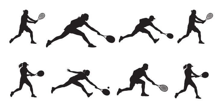 A collection of dynamic black silhouettes depicting male and female tennis players in various active poses, hitting forehands and backhands on the court, isolated on white.