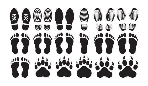 Footprint and shoe sole silhouette collection featuring human steps and animal paw tracks.