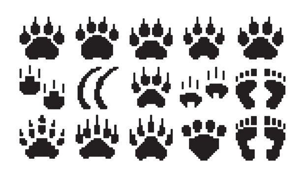 Pixel art animal paw prints and human footprints vector set for retro game design style.