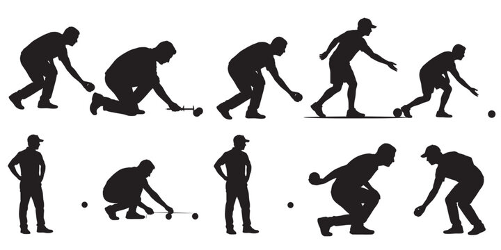 A set of black silhouettes illustrating men playing bocce ball or lawn bowls, showing various actions like throwing, aiming, and observing the game, isolated on white.