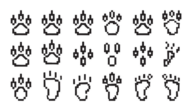 Paw print pixel art set, dog or cat pet paw print in 8-bit style vector illustration.