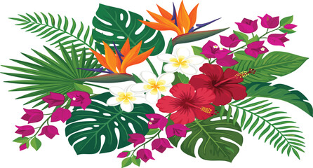 Vibrant tropical floral bouquet vector illustration featuring orange bird of paradise red hibiscus white plumeria and green monstera palm leaves © Mijanur