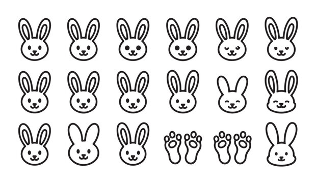 Set of cute bunny rabbit head icons and paw prints in linear style for easter branding.