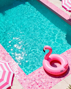 A vibrant pink flamingo pool float floating in a glistening turquoise swimming pool bordered by stylish pink tiles for a fun summer vibe