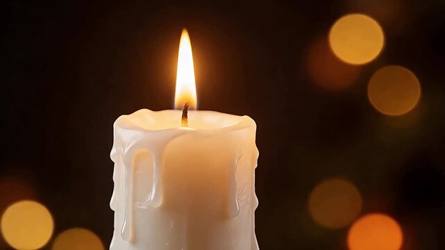 Burning white candle with melted wax