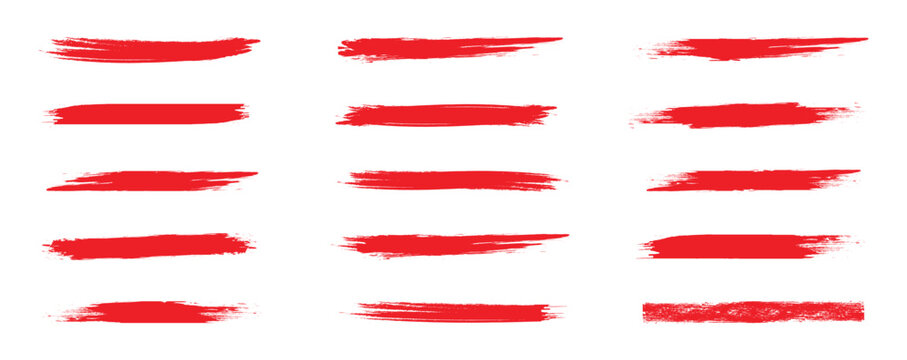 Set of vector red paint brush stroke. Grungy brushes collection. Red highlighter brush lines set for underline banners, dry paint marker stripes, rough grunge ink smears and bold hand drawn elements.