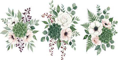 Elegant winter wedding floral bouquet vector illustration collection featuring green succulents white roses anemone flowers and eucalyptus branches © Mijanur